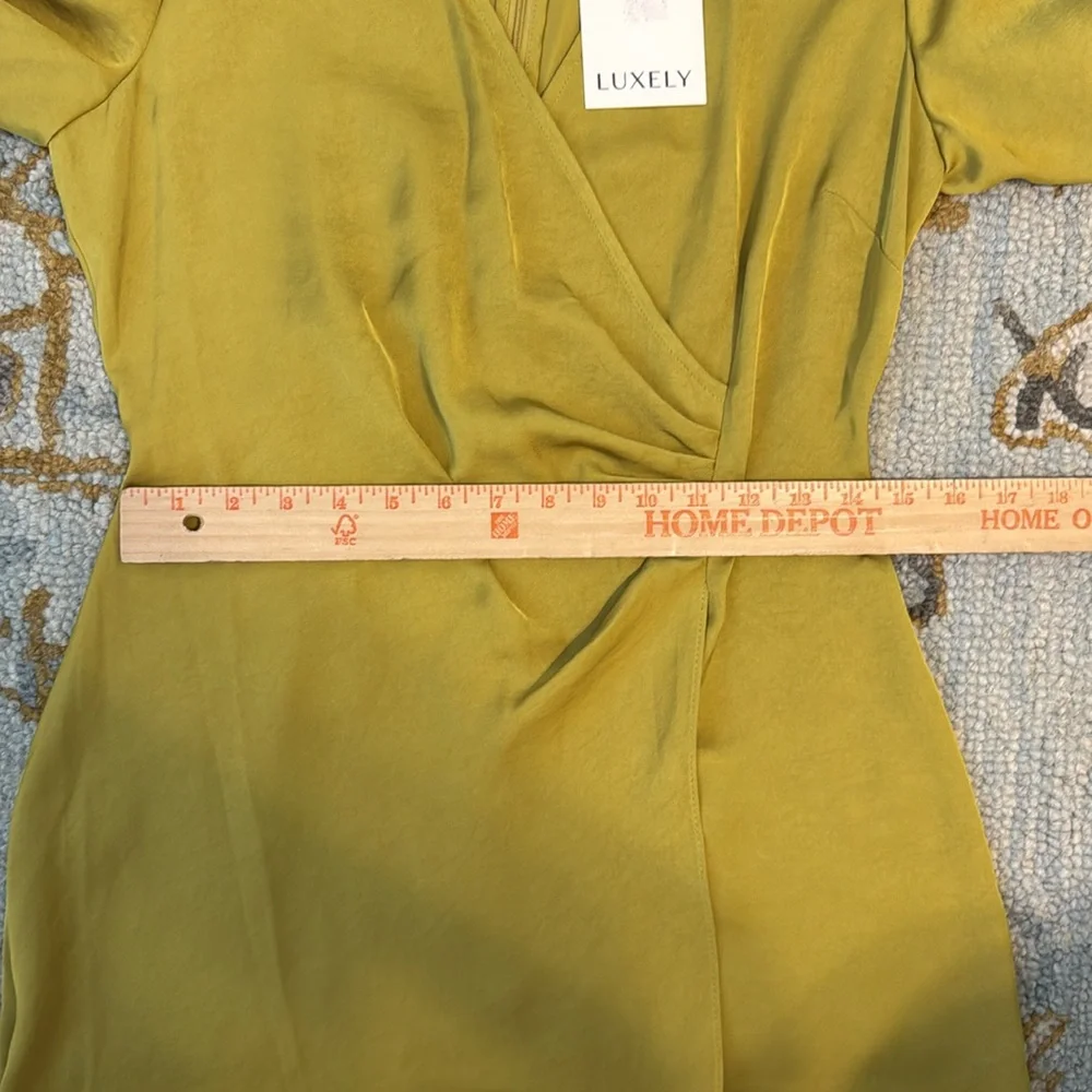 NEW Luxely Pleated Silky Chartreuse Wrap-Style Dress - Picture 8 of 8
